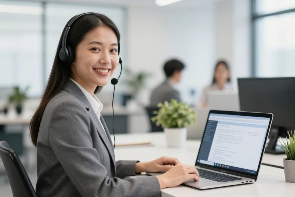 Customer support representative assisting IPTV subscriber via laptop
