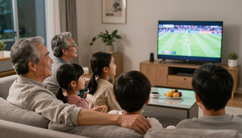 Happy family watching IPTV together on comfortable couch