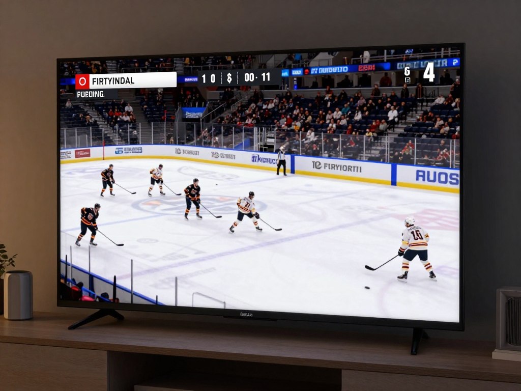 Hockey game streaming on TV screen showing live sports coverage