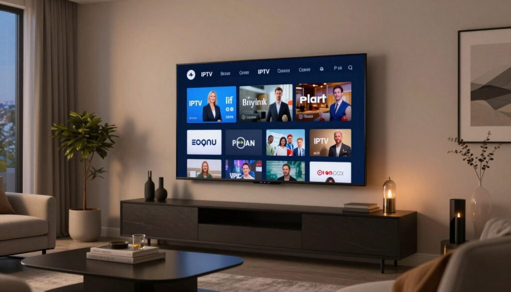 Modern Canadian living room with smart TV displaying IPTV interface showing multiple channel options