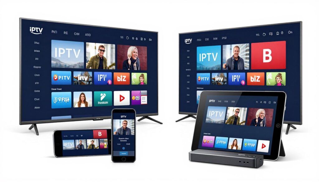 Various devices displaying IPTV service including TV, tablet, smartphone, and streaming box